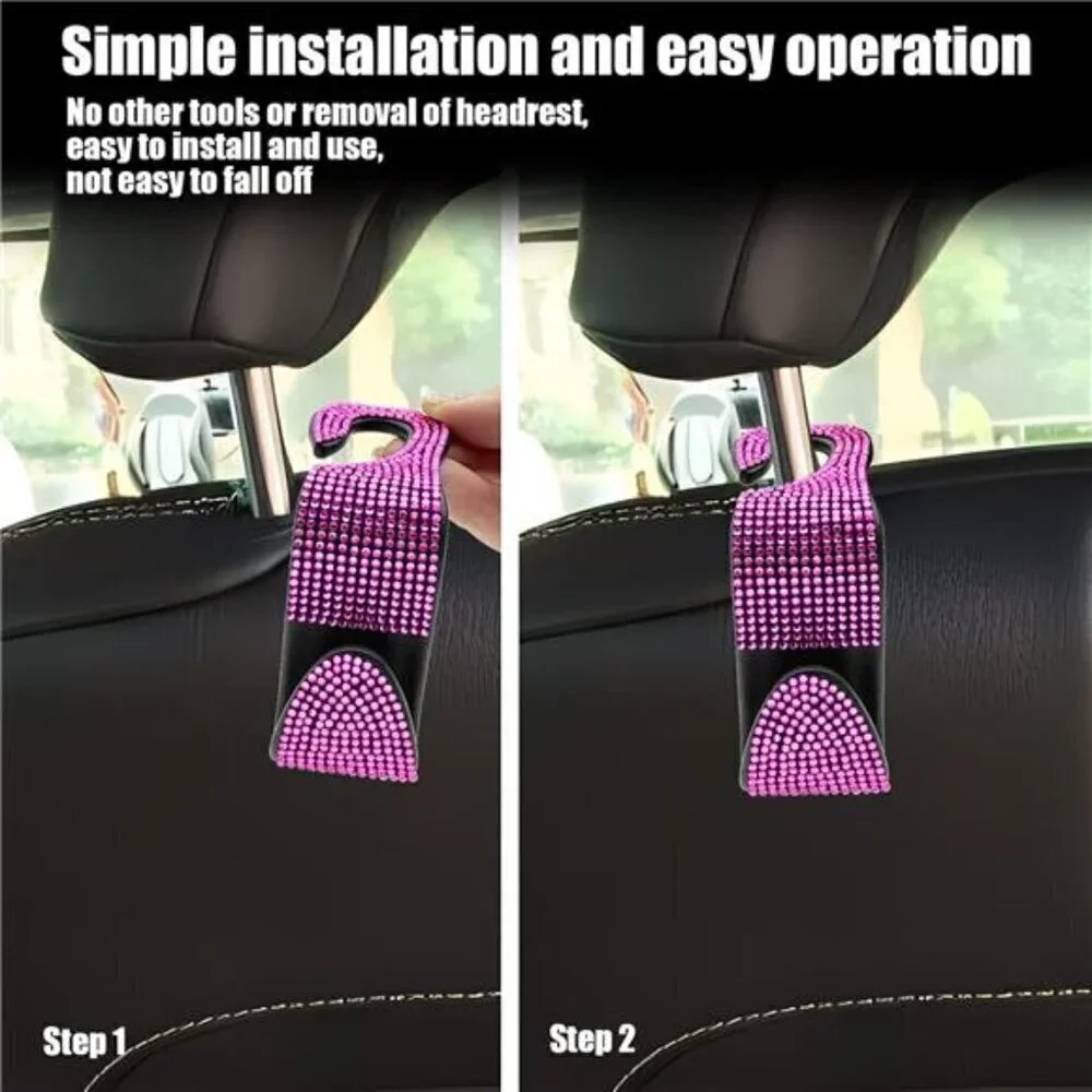 Pink Bling Car Seat Hooks (2 Pack) Bling Rhinestones Crystal Hanger Organizer